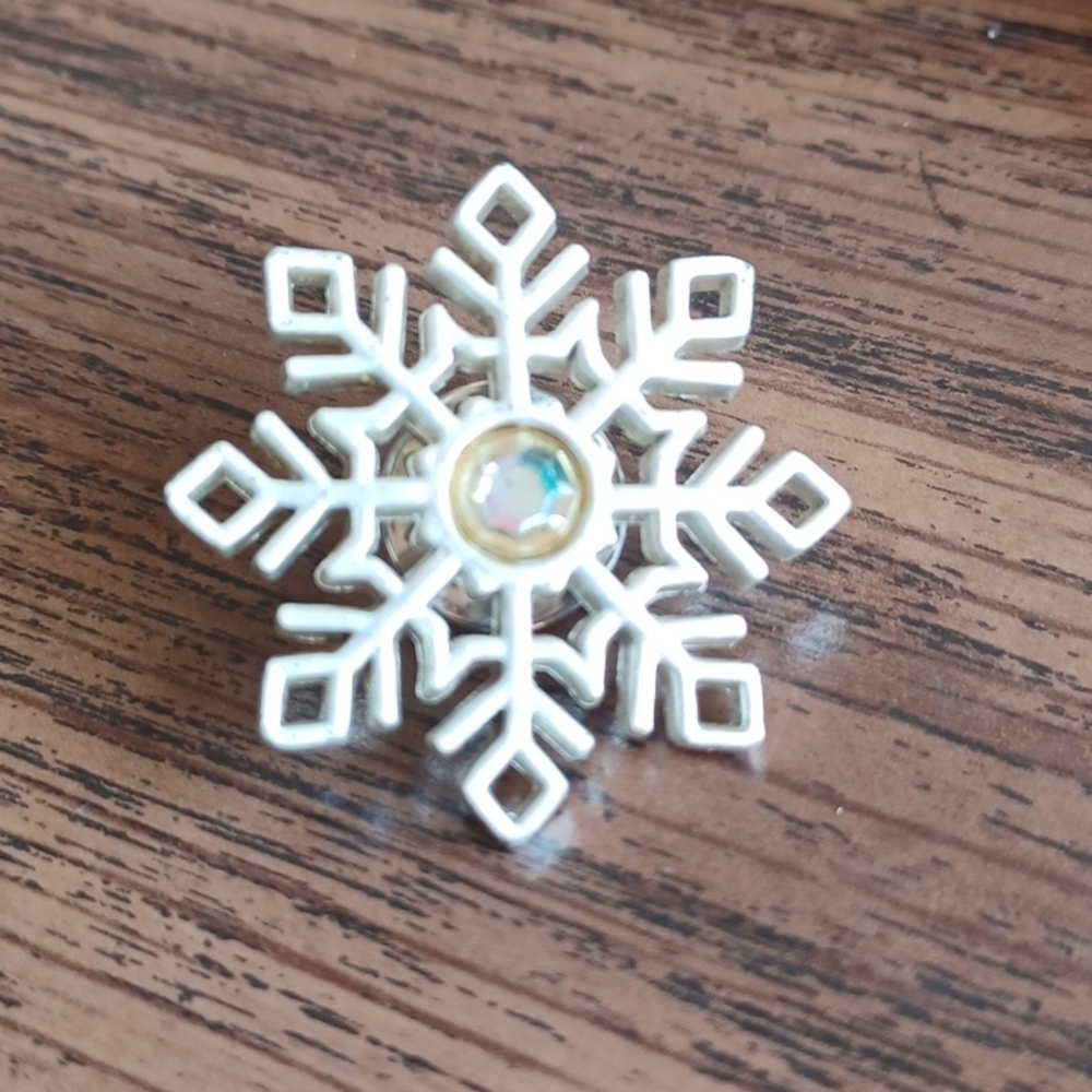Snowflake pin, aluminum look, rhinestone center, approx 1"